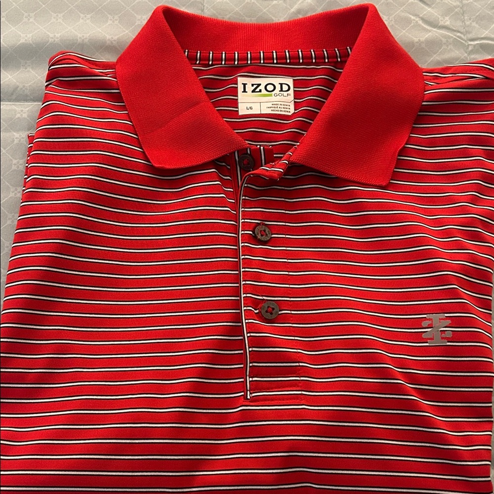 Men’s Izod Red and White Striped Golf Polo Shirt Size Large